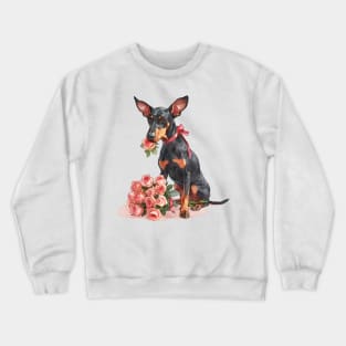 Valentine Doberman Pinscher Dog Giving Flowers Crewneck Sweatshirt